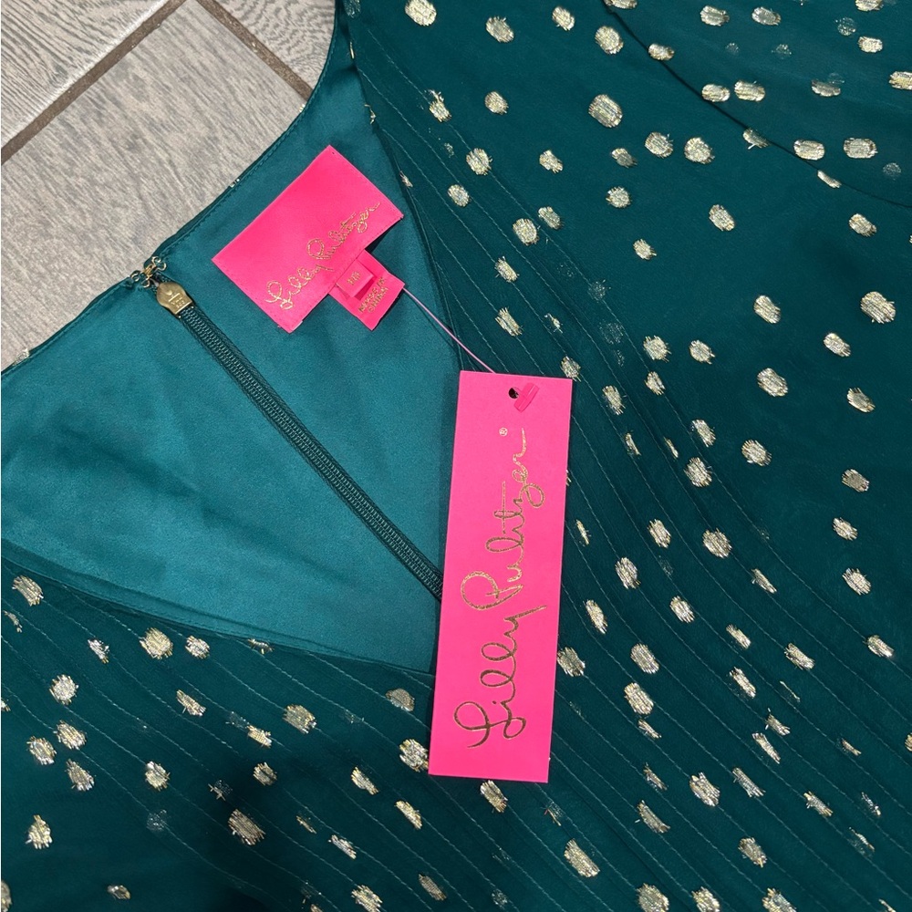 Lilly Pulitzer Cleme Silk Dress in Spruce Green Gold Metallic Silk Clip Size 10 - Picture 4 of 8